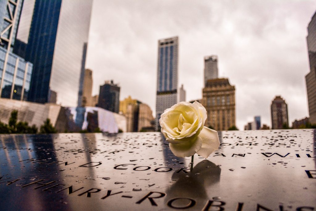 9/11 Memorial with rose on names
