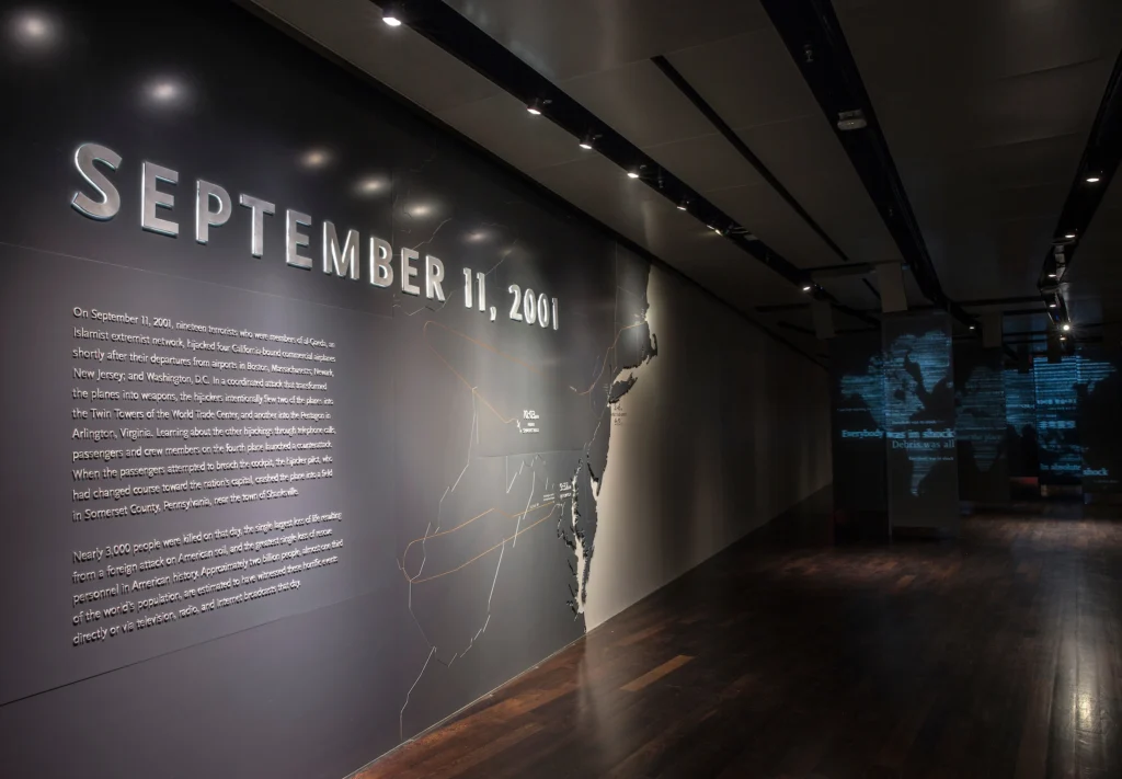 Inside the 9/11 Museum viewing the September 11 wall