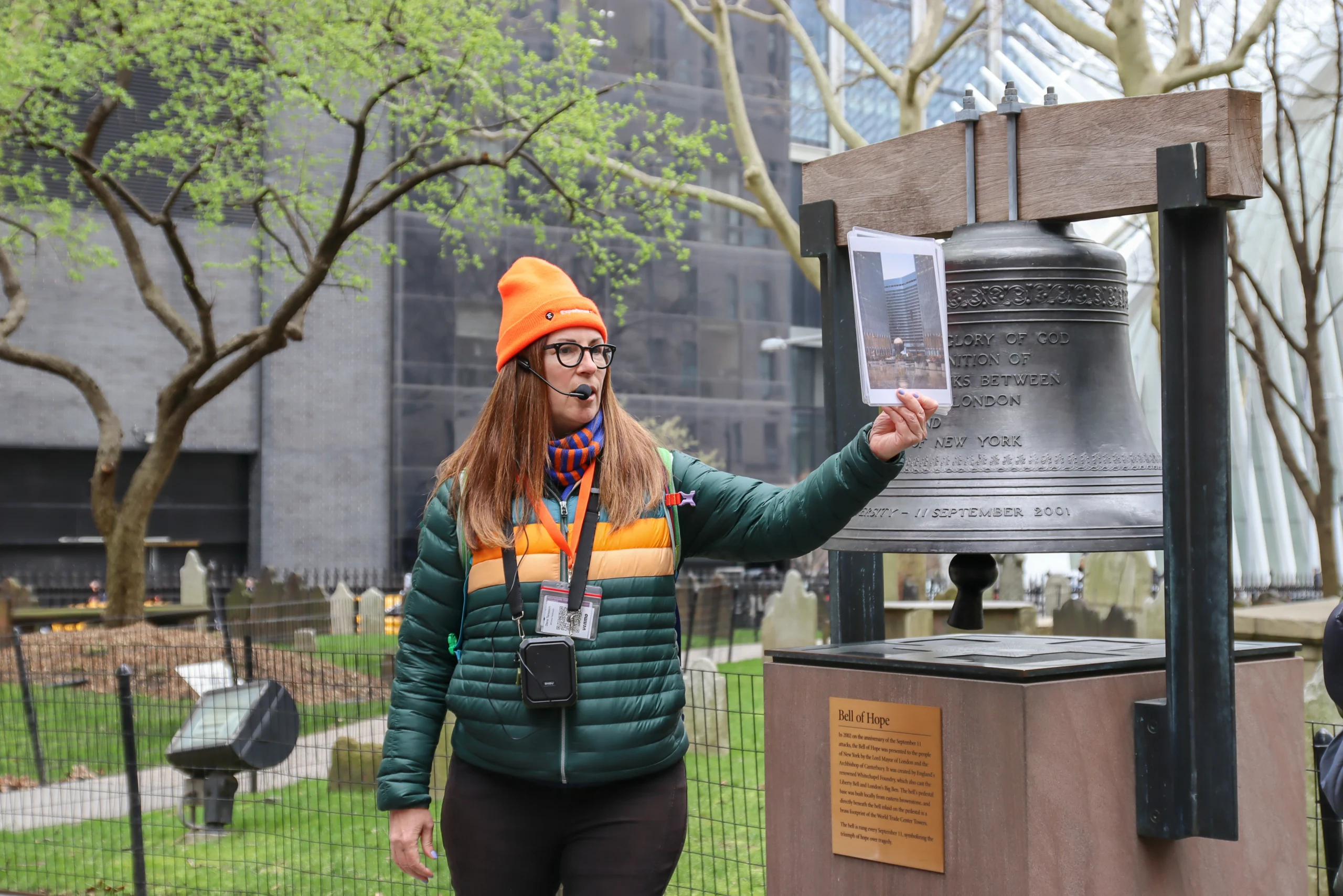 Tour Guide Dana Holding Up 9/11 Image during guided tour