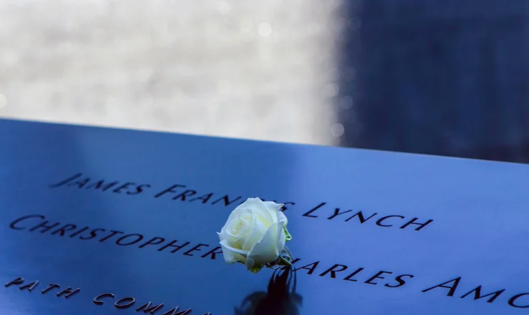 White rose on 9/11 Memorial in New York