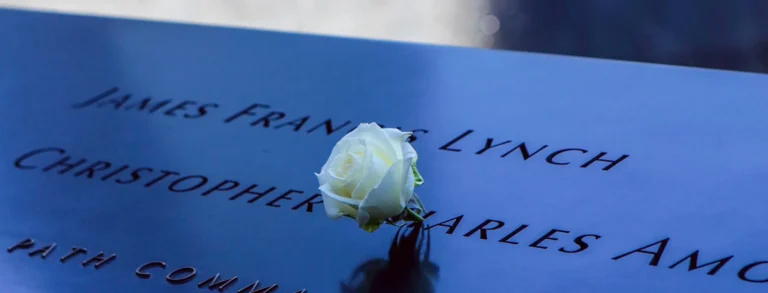 White rose on 9/11 Memorial during premium walking tour in NYC